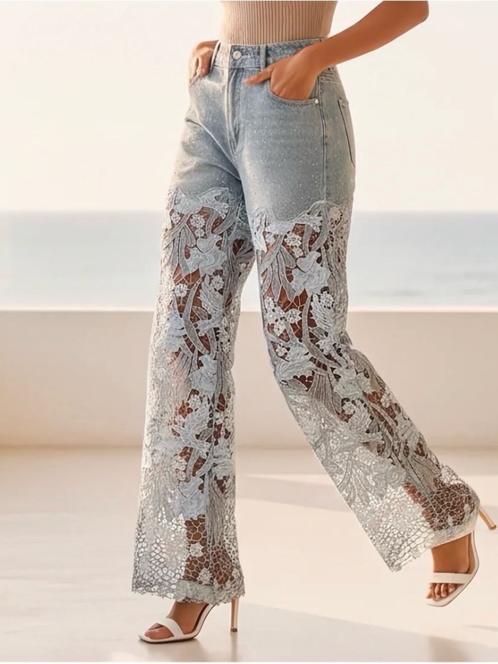 Light Blue Lace-Panel Rhinestone Wide Leg Jeans size M (like a 28)